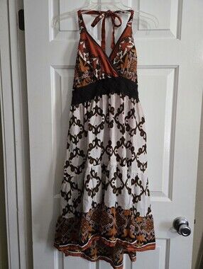 Dots Multicolor Rust, White & Brown Halter Maxi Dress